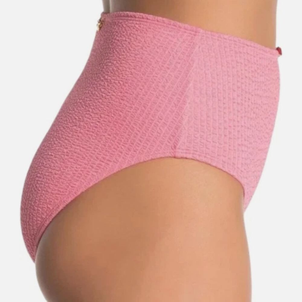 Betsey Johnson Bikini Bottom M Pink Ribbed Rosette High Waist Scrunch Resort NWT - Picture 5 of 11
